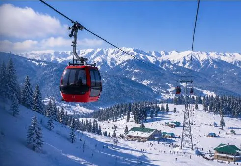 Red Gulmarg Gondola cabin climbing above snow-covered pines towards the Pir Panjal range