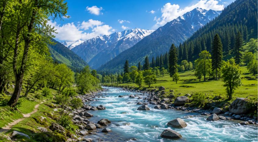 A fast river running over boulders through a green pine valley below snow-capped peaks