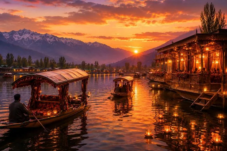 Shikara boats and a lantern-lit houseboat on Dal Lake at sunset, snow peaks behind