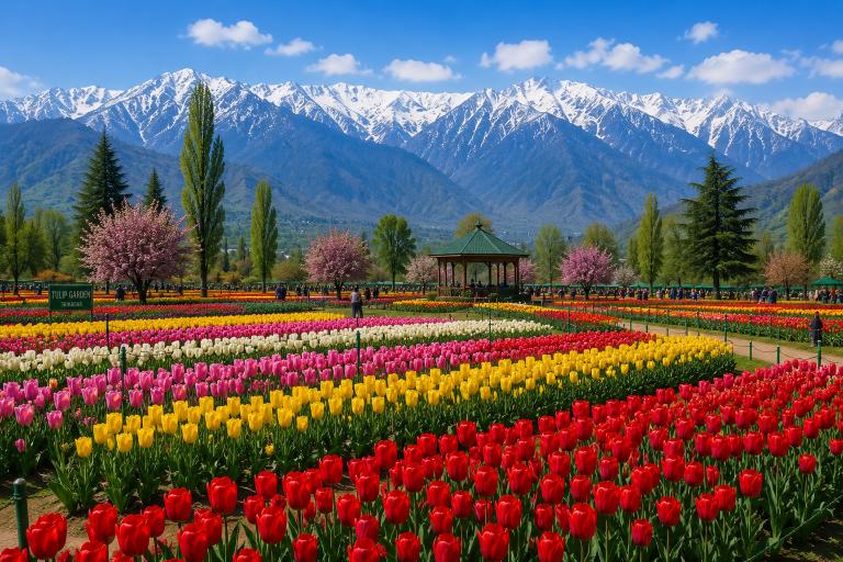 Rows of red, yellow and pink tulips below snow-capped mountains at the Srinagar tulip garden