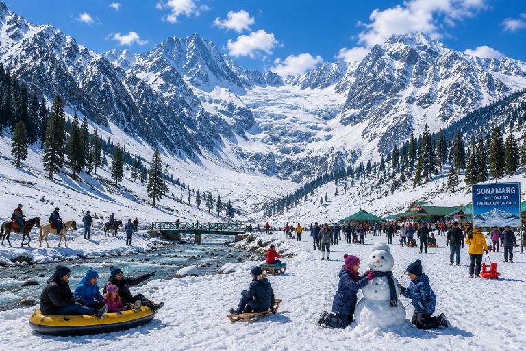 Visitors sledging and building a snowman on the snowfield at Sonamarg, glacier peaks behind